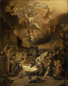 Adoration Shepherds manger Mary angel kneel surrounded Adoration Shepherds manger Mary angel kneel surrounded