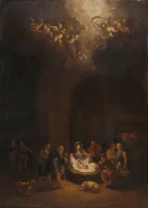 Adoration Shepherds shepherds gathered illuminated manger Adoration Shepherds shepherds gathered illuminated manger