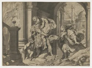 Aeneas family fleeing Troy 1595 Engraving Sheet Aeneas family fleeing Troy 1595 Engraving Sheet