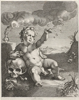 Allegory Transience putto sits floor leans skull Allegory Transience putto sits floor leans skull