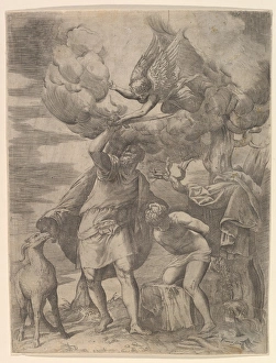 Angel Staying Arm Abraham 1552 Etching engraving Angel Staying Arm Abraham 1552 Etching engraving