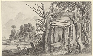 Angler in a dilapidated hut in a landscape, print maker: Jan van de Velde II, Pieter Angler in a dilapidated hut in a landscape, print maker: Jan van de Velde II, Pieter