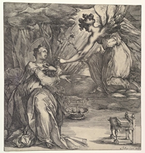 Annunciation etching engraving second state three Annunciation etching engraving second state three