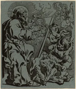 Anthonis Sallaert (Flemish, c. 1590 - 1658), Saint Luke, woodcut on blue laid paper Anthonis Sallaert (Flemish, c. 1590 - 1658), Saint Luke, woodcut on blue laid paper