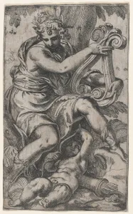 Apollo Lyre Cupid ca 1568 Etching first state Apollo Lyre Cupid ca 1568 Etching first state