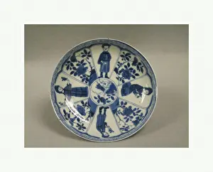 Prints of Saucer with women and flowers, Qing dynasty (1644–1911), China, Porcelain painted in underglaze blue, Diam. 5 in. (12.7 cm), Ceramics Chinese Dynasties Paintings Prints: Print of Qing Dynasty Porcelain Saucer with Floral Motif