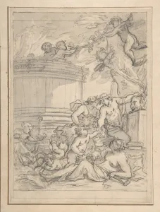 Bacchanal 17th century Black chalk brush gray wash Bacchanal 17th century Black chalk brush gray wash
