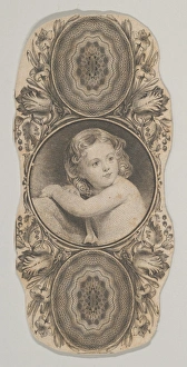 Banknote motif child portrait surrounded floral frame Banknote motif child portrait surrounded floral frame