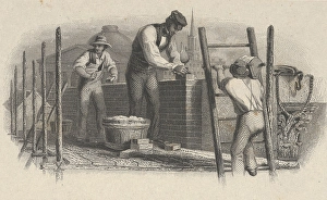 Banknote vignette showing three men scaffold laying Banknote vignette showing three men scaffold laying