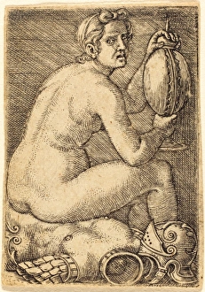 Barthel Beham (German, 1502 - 1540), Naked Woman on an Armor (Prudentia?), engraving Barthel Beham (German, 1502 - 1540), Naked Woman on an Armor (Prudentia?), engraving
