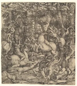 Battle cavalry infantry wood 16th century Etching Battle cavalry infantry wood 16th century Etching