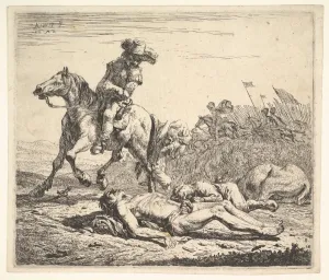 Battlefield horseman looking left shoulder stripped corpse Battlefield horseman looking left shoulder stripped corpse
