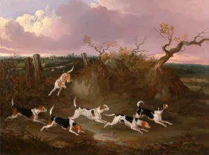 Beagles in Full Cry Harriers Signed and dated in orange color paint, lower left Beagles in Full Cry Harriers Signed and dated in orange color paint, lower left