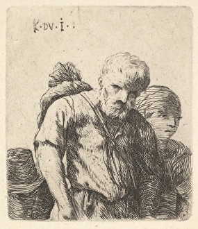 Bearded man shown half-length bundle slung right shoulderblade Bearded man shown half-length bundle slung right shoulderblade