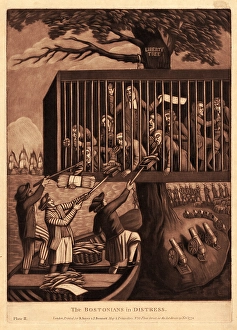 The Bostonians in distress, en sanguine engraving 1774, Bostonians held captive in The Bostonians in distress, en sanguine engraving 1774, Bostonians held captive in