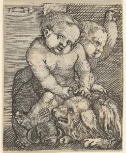 Two Boys Playing Dog mid-17th century Engraving Two Boys Playing Dog mid-17th century Engraving