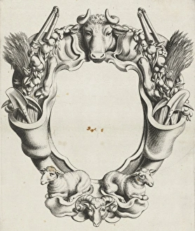 Cartouche with lobe ornament with animals, print maker: Michiel Mosijn, Gerbrand Cartouche with lobe ornament with animals, print maker: Michiel Mosijn, Gerbrand