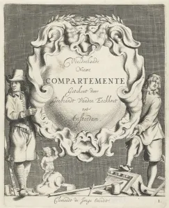 Cartouche with lobe ornament held up by two men, print maker: Michiel Mosijn, Gerbrand Cartouche with lobe ornament held up by two men, print maker: Michiel Mosijn, Gerbrand