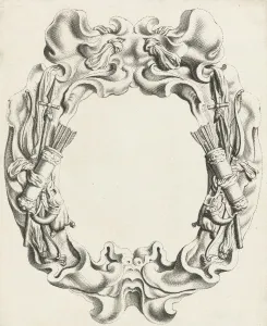 Cartouche with lobe ornament with hunting trophies, Michiel Mosijn, Gerbrand van Cartouche with lobe ornament with hunting trophies, Michiel Mosijn, Gerbrand van