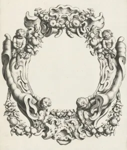 Cartouche with lobe ornament, above and below a mask, Michiel Mosijn, Gerbrand van Cartouche with lobe ornament, above and below a mask, Michiel Mosijn, Gerbrand van