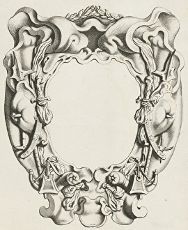 Cartouche with lobe ornament with wapentrofeeen, Michiel Mosijn, Gerbrand van den Cartouche with lobe ornament with wapentrofeeen, Michiel Mosijn, Gerbrand van den