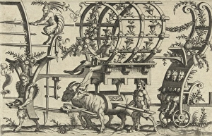 Chariot drawn by a satyr and two bulls, print maker: Anonymous, Cornelis Bos, 1550 Chariot drawn by a satyr and two bulls, print maker: Anonymous, Cornelis Bos, 1550
