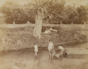 Three Children Dog Playing Creek July 4 1883 Three Children Dog Playing Creek July 4 1883