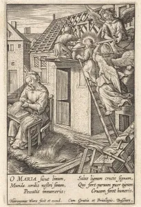 Christ Child puts a roof, Hieronymus Wierix, 1563 - before 1619 Christ Child puts a roof, Hieronymus Wierix, 1563 - before 1619