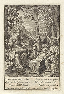 Christ child sleeps in the crib, Hieronymus Wierix, 1563 - before 1619 Christ child sleeps in the crib, Hieronymus Wierix, 1563 - before 1619