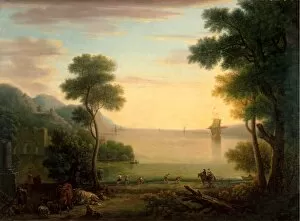 Classical Landscape with Figures and Animals: Sunset Signed and dated in paint, lower left