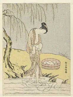 Cloth washing woman Woman airy kimono standing Cloth washing woman Woman airy kimono standing