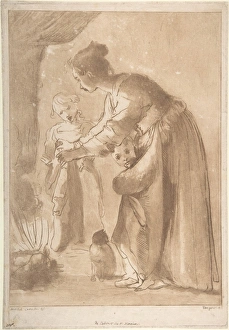 Domestic Scene Woman Warming Clothes Children Domestic Scene Woman Warming Clothes Children