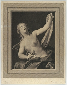 Drawings Prints, Print, Lucretia seated, half naked, stabbing, herself, stomach, dagger Drawings Prints, Print, Lucretia seated, half naked, stabbing, herself, stomach, dagger