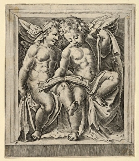 Drawings Prints, Print, Two seated angels, facing left, reading song book, Angels Concert Drawings Prints, Print, Two seated angels, facing left, reading song book, Angels Concert