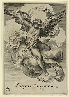 Drawings Prints, Print, Winged genius, seated cloud, sounding trumpet, left hand Drawings Prints, Print, Winged genius, seated cloud, sounding trumpet, left hand