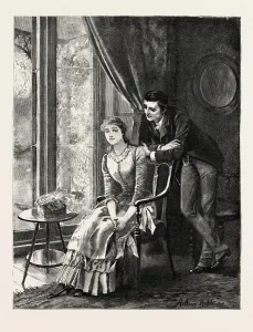 DRAWN BY ARTHUR HOPKINS, COUPLE, engraving 1884, life in Britain, UK, britain, british DRAWN BY ARTHUR HOPKINS, COUPLE, engraving 1884, life in Britain, UK, britain, british