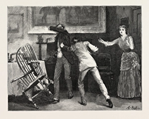 DRAWN BY ARTHUR HOPKINS, SCENE, INTERIOR, engraving 1884, life in Britain, UK, britain DRAWN BY ARTHUR HOPKINS, SCENE, INTERIOR, engraving 1884, life in Britain, UK, britain