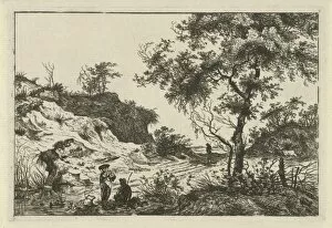 Dune landscape with a large tree, a woman at a pool and a seated man, a man on the track