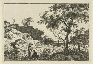 Dune landscape with a large tree, a woman at a pool and a seated man, a man on the track Dune landscape with a large tree, a woman at a pool and a seated man, a man on the track