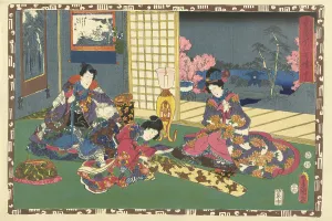 Elegantly dressed man and woman sitting on pillow, looking at woman playing the koto Elegantly dressed man and woman sitting on pillow, looking at woman playing the koto