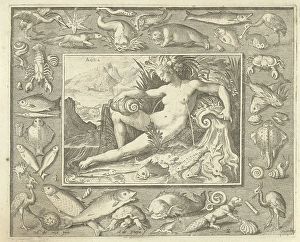 Element water as naked woman sitting near a well with fish, water flowing from her Element water as naked woman sitting near a well with fish, water flowing from her