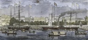 European Factories in Canton. Engraving 1858 European Factories in Canton. Engraving 1858