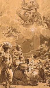 Follower of Francesco Fontebasso, Birth of the Virgin, 18th century, pen and brown ink Follower of Francesco Fontebasso, Birth of the Virgin, 18th century, pen and brown ink