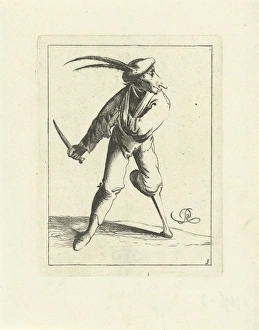 A fool with a wooden leg and arm in a sling has a knife in his hand, he wears a beret A fool with a wooden leg and arm in a sling has a knife in his hand, he wears a beret