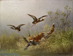 Fox Duck Hunt oil panel 21 x 26.5 cm signed inscribed lower right Fox Duck Hunt oil panel 21 x 26.5 cm signed inscribed lower right
