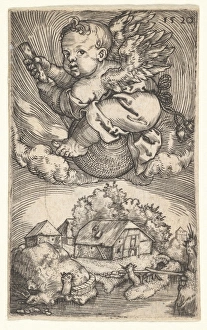 Genius Globe Floating Air mid-17th century Engraving Genius Globe Floating Air mid-17th century Engraving