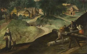 Gillis Mostaert Landscape Men Sawing Timber men Gillis Mostaert Landscape Men Sawing Timber men