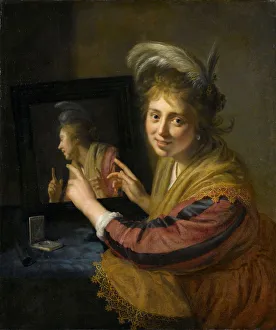 Girl mirror smiling young woman beret feathers turns Girl mirror smiling young woman beret feathers turns