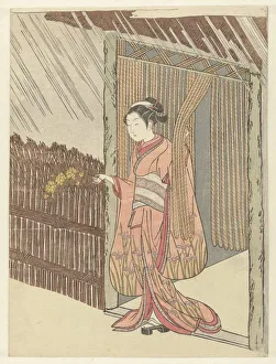 Girl yamabuki branch hands pink kimono iris pattern Girl yamabuki branch hands pink kimono iris pattern