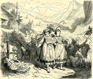 Girls Leading Cattle to the Mountains, Switzerland Girls Leading Cattle to the Mountains, Switzerland